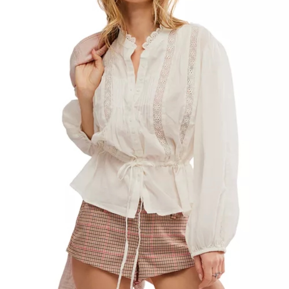 Free People Best of Me Button Up Puff Sleeve Blouse Waist Tie Sz Large